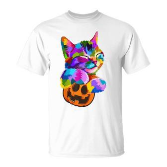 Cute Cat Colorful Funny Halloween Costume Pumpkin Kids Gift Men Women T-shirt Graphic Print Casual Unisex Tee - Thegiftio UK