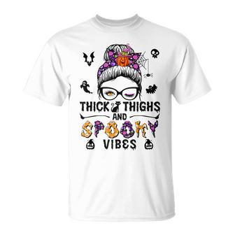 Halloween Messy Bun Thick Thighs And Spooky Vibes Unisex T-Shirt - Seseable