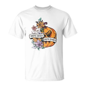 Halloween Sorta Sweet Sorta Spooky Pumpkin Floral Unisex T-Shirt - Seseable