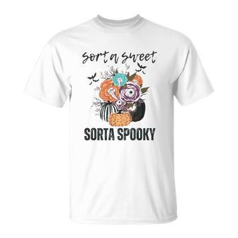 Halloween Sorta Sweet Sorta Spooky Pumpkin Florals Gift Unisex T-Shirt - Seseable