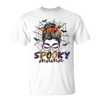 Halloween Spooky Mama Costume Messy Bun Spider Web For Mom Unisex T-Shirt - Seseable