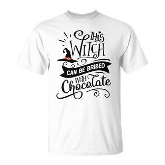 Halloween This Witch Can Be Bribed With Chocolate Black And Orange Men Women T-shirt Graphic Print Casual Unisex Tee - Seseable