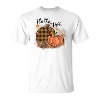 Hello Fall Plaid Pumpkin Spice Maple Leave Autumn Collection T-shirt