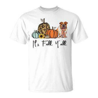Its Fall Yall Yellow Bulldog Dog Leopard Pumpkin Falling T-shirt - Thegiftio UK