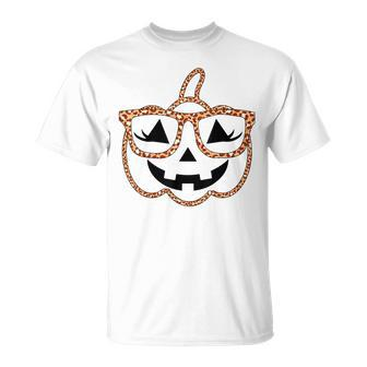 Jack O Lantern Face Pumpkin Halloween Leopard Print Glasses V4 Unisex T-Shirt - Seseable