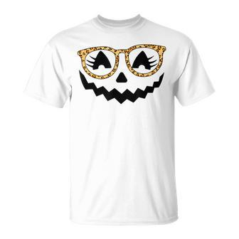 Jack O Lantern Face Pumpkin Halloween Leopard Print Glasses V5 Unisex T-Shirt - Seseable