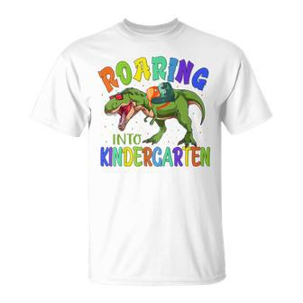 Kids Kids Roaring Into Kindergarten Funny First Day Of School Unisex T-Shirt - Seseable
