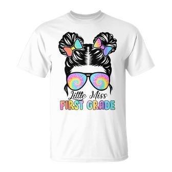 Kids Little Miss First Grade Messy Bun Sunglasses Tie Dye Unisex T-Shirt - Seseable