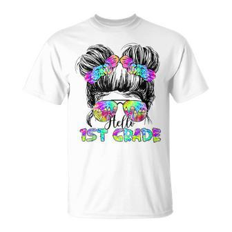 Messy Bun Hair Tie Dye Rainbow Kids Girls Hello First Grade Unisex T-Shirt - Seseable