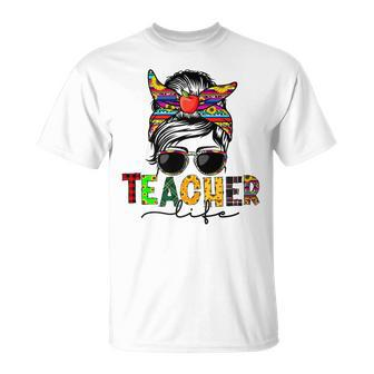 Messy Bun Teacher Life Welcome Back To School Leopard T-shirt - Thegiftio UK