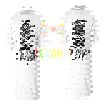 Messy Bun Teacher Life Welcome Back To School Leopard T-shirt - Thegiftio