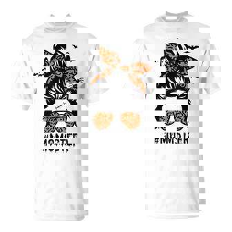 Mom Messy Bun Halloween Leopard Womens Momster Funny Spooky Unisex T-Shirt | Seseable CA