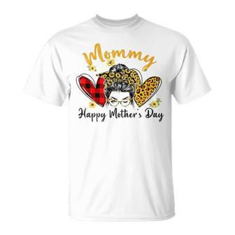 Mommy Life Leopard Plaid Hearts Messy Bun T-shirt - Thegiftio UK