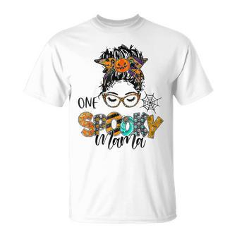 One Spooky Mama For Halloween Messy Bun Mom Monster Bleached Unisex T-Shirt - Seseable