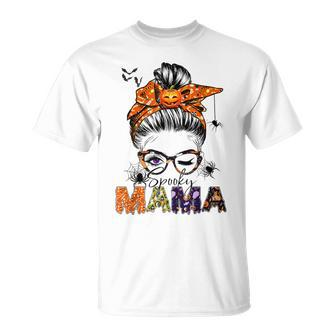One Spooky Mama For Halloween Messy Bun Mom Monster Bleached V2 Unisex T-Shirt - Seseable