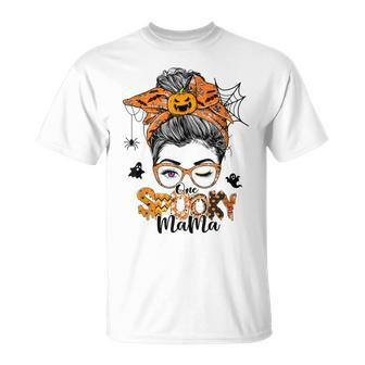 One Spooky Mama For Halloween Messy Bun Mom Monster Bleached V3 Unisex T-Shirt - Seseable