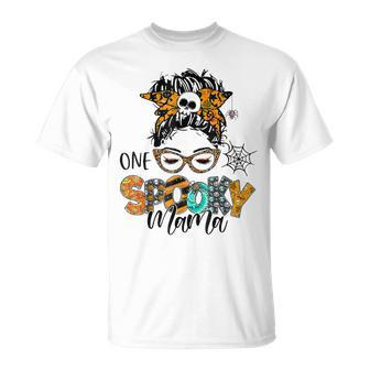 One Spooky Mama For Halloween Messy Bun Mom Monster Bleached V4 Unisex T-Shirt - Seseable
