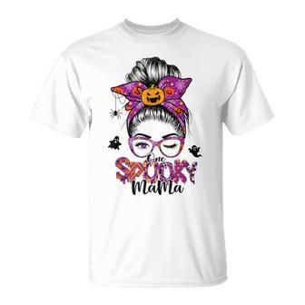 One Spooky Mama For Halloween Messy Bun Mom Monster Bleached V6 Unisex T-Shirt - Seseable