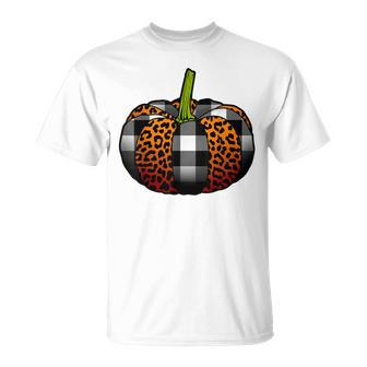 Plaid Pumpkin Leopard Buffalo Check Pumpkin Fall Halloween Unisex T-Shirt - Seseable