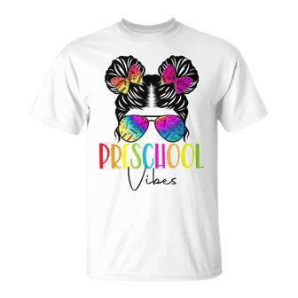 Preschool Grade Vibes Messy Bun Hair Tie Dye Pre-K Teacher T-shirt - Thegiftio UK