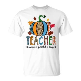 Pumpkin Leopard Teacher Thankful Grateful Blessed V3 Unisex T-Shirt - Seseable