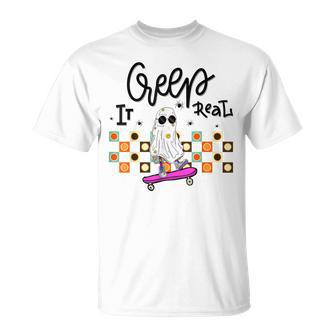 Retro Halloween Creep It Real Skateboard Ghost Halloween T-shirt - Thegiftio UK