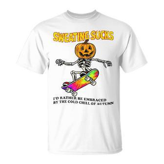 Skeleton Pumpkin Sweating Sucks Sweat Halloween Sakebording Unisex T-Shirt - Seseable