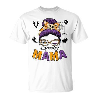 Skull Messy Bun Halloween Spooky Mama Mom Halloween Unisex T-Shirt - Seseable