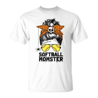 Softball Mom Life Messy Bun Halloween Women Softball Momster Unisex T-Shirt - Seseable