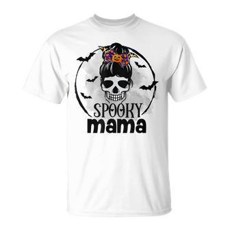 Spooky Mama Funny Halloween Mom Messy Bun Spooky Vibes Unisex T-Shirt - Seseable