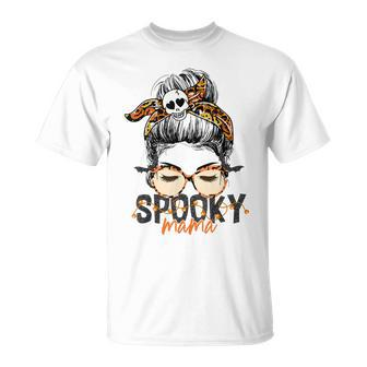 Spooky Mama Halloween Costume Skull Mom Leopard Messy Bun Unisex T-Shirt - Seseable