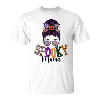 Spooky Mama Messy Bun Skull Mom Monster Bleached Halloween Unisex T-Shirt - Seseable