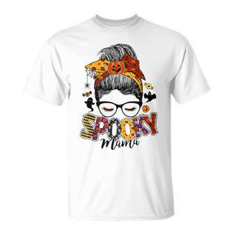 Spooky Mama Messy Bun Skull Mom Monster Bleached Halloween V2 Unisex T-Shirt - Seseable