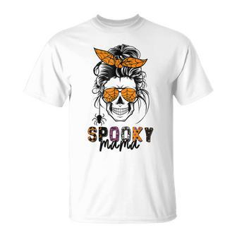 Spooky Mama Skull Halloween Womens Messy Bun Witch Unisex T-Shirt - Seseable