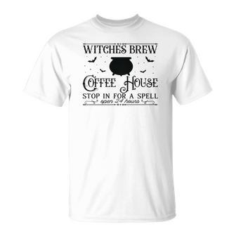 Vintage Halloween Sign Witches Brew Coffee House Men Women T-shirt Graphic Print Casual Unisex Tee - Seseable