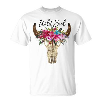 Wild Heart Gypsy Boho Soul Flowers Boho Cow Bull Skull T-shirt - Thegiftio UK