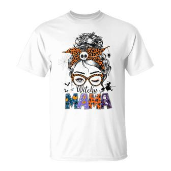 Witchy Mama Halloween Messy Bun Skull Witch Mom Women Spooky Unisex T-Shirt - Seseable