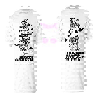 Womens Momster Funny Halloween Costume Skull Mom Messy Bun Unisex T-Shirt | Seseable CA