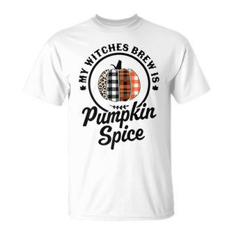 Womens My Witches Brew Is Pumpkin Spice Halloween Plaid Leopard Unisex T-Shirt - Seseable