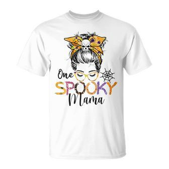 Womens One Spooky Mama Messy Bun Funny Mom Halloween Spider Costume Unisex T-Shirt - Seseable