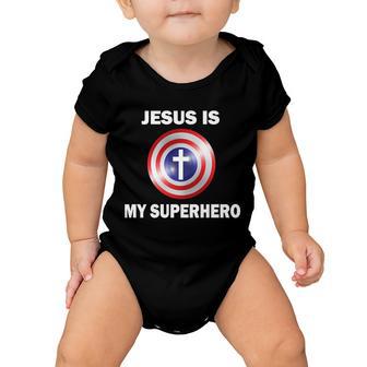 Captain Jesus Is My Superhero Cross Logo Baby Onesie - Monsterry AU