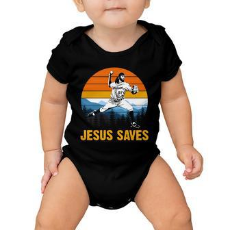 Jesus Saves Retro Baseball Pitcher Baby Onesie - Monsterry UK