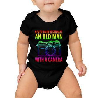 Never Underestimate An Old Man With A Camera Photographer Gift Baby Onesie - Monsterry
