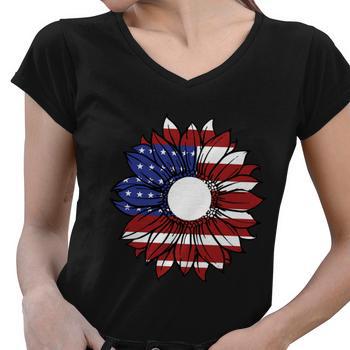 Women's American Flag V-Neck T-Shirt – Patriotic 4th Of July Tee, Dark Blue, Small
