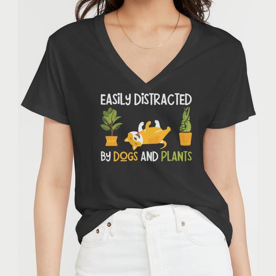 Gardening Easily Distracted by Dogs and Plants Women V-Neck T-Shirt - Back View