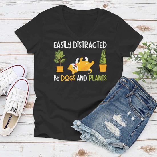 Gardening Easily Distracted by Dogs and Plants Women V-Neck T-Shirt - Side View 1