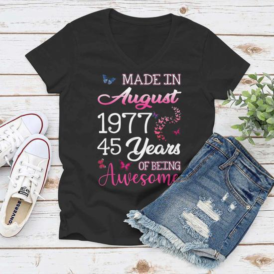 Happy 45th Birthday Made in August 1977 - 45 Years Old Women's V-Neck T-Shirt - Side View