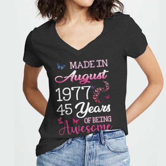 Happy 45th Birthday Made in August 1977 - 45 Years Old Women's V-Neck T-Shirt - Detail View