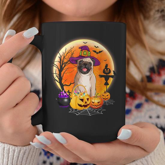 Halloween Pug Dog Moon With Pumpkin Funny Gifts Women Kids Coffee Mug Thegiftio UK