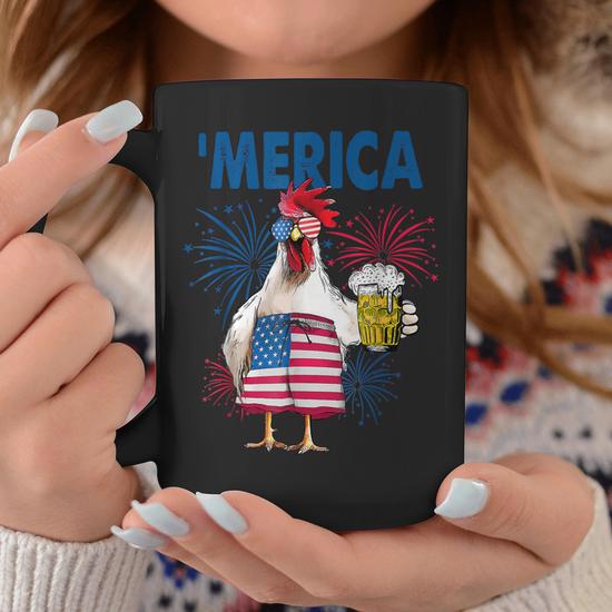 Merica Funny Chicken With Beer Usa Flag 4Th Of July Coffee Mug - Thegiftio